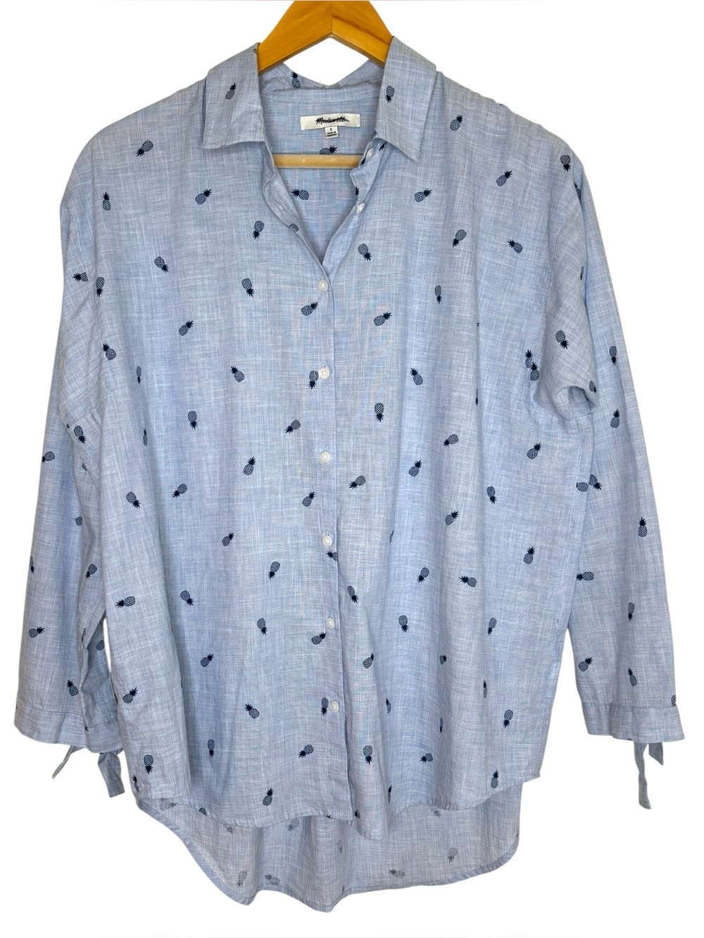 Madewell oversized button down blue pineapple print blouse tie sleeve small